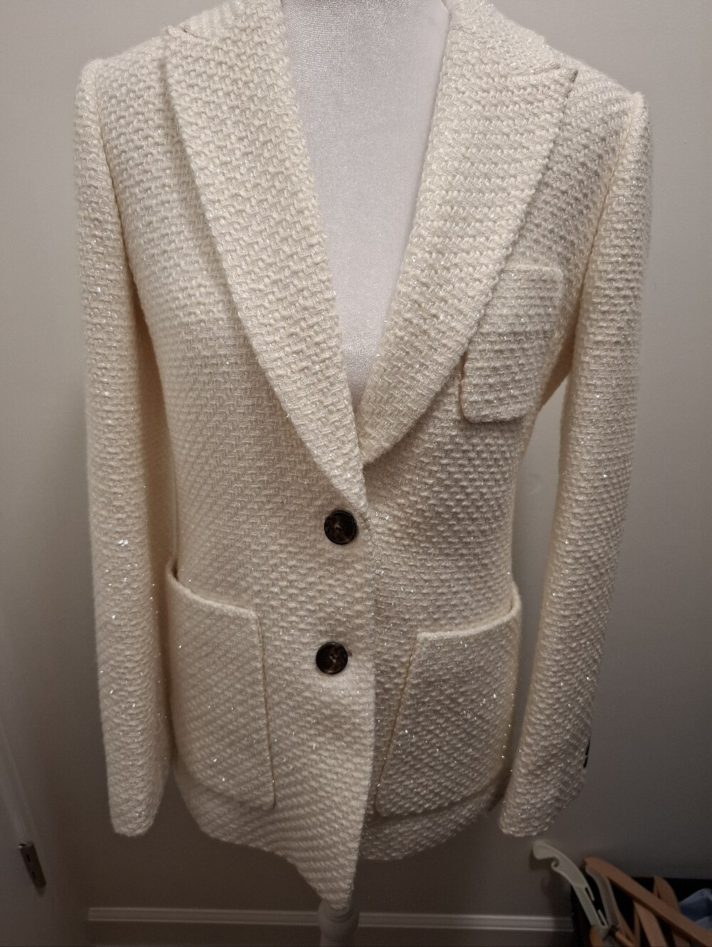 J.Crew Blazer Women's 2 Boyfriend Fit Ivory Shimmer Tweed Wool Blend Formal